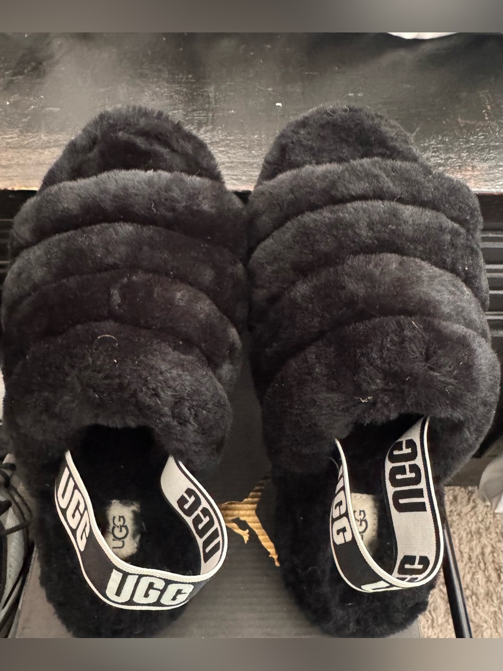 UGG Black Cozy Fluff Slide Sandals with Branded Heel Strap